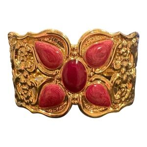 Gold Tone Wide Cuff Bracelet Red Enamel Statement Vintage J27